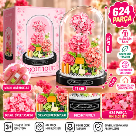 Fanuslu Pembe Çiçek Bricks 624 Parça Mini Blok Yapım Seti – Dekoratif Çiçek Tasarımı