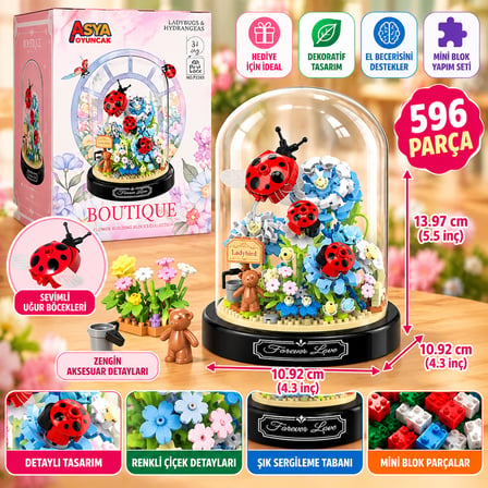 Uğur Böcekli Fanuslu Çiçek Bricks 596 Parça Mini Blok Yapım Seti – Dekoratif Çiçek Buketi