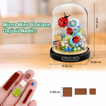 Uğur Böcekli Fanuslu Çiçek Bricks 596 Parça Mini Blok Yapım Seti – Dekoratif Çiçek Buketi