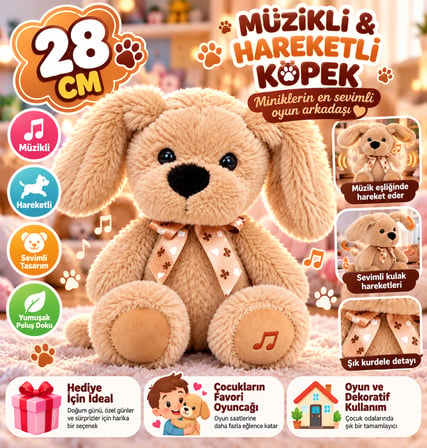 28 CM MÜZİKLİ HAREKETLİ PELUŞ KÖPEK – YUMUŞACIK SEVİMLİ OYUN ARKADAŞI