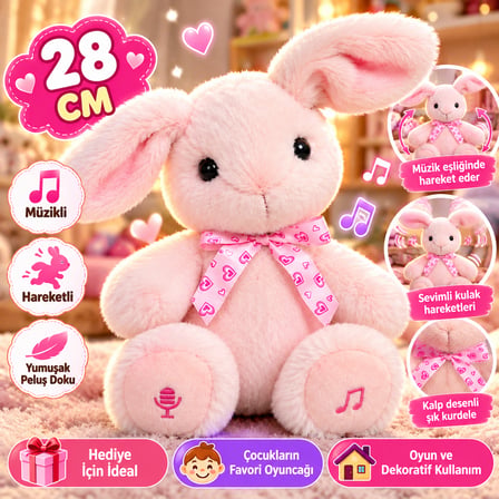 28 cm Müzikli Hareketli Tavşan Peluş Oyuncak – Pembe