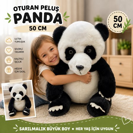 Oyuncak Peluş 50 CM Oturan Panda  Ultra Yumuşak Sevimli Panda Peluş Oyuncak  Büyük Boy