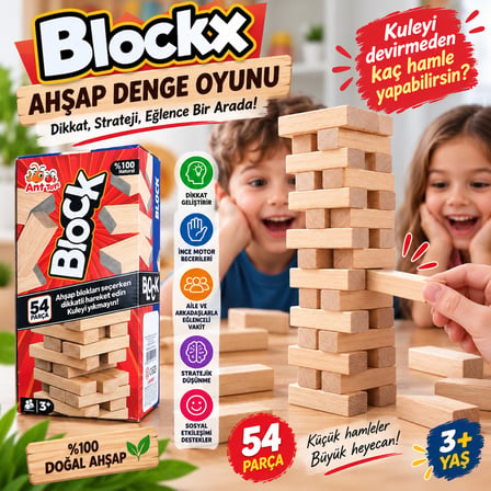 Ahşap Denge Oyunu Blockx 54 Parça Kule Devirme Strateji ve Beceri Oyunu