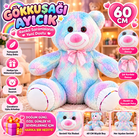 Gökkuşağı Peluş Ayıcık 60 CM Büyük Boy Renkli Yumuşak Teddy Bear Sevimli Sarılmalık Oyuncak