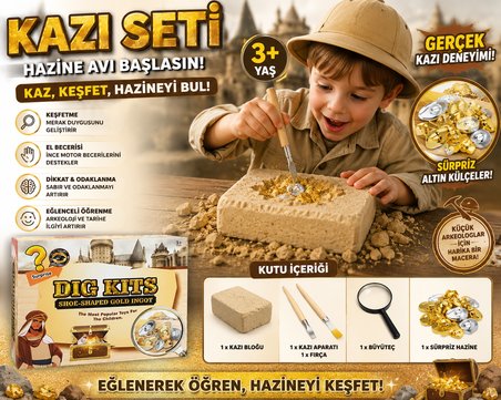 Oyuncak Kazı Seti Hazine Avı ve Arkeoloji Kazı Oyunu Sürpriz Altın Külçe Keşif Seti