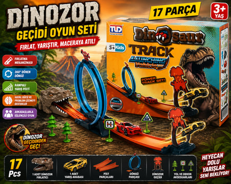 Dinozor Geçidi Oyun Seti 17 Parça Rampalı Yarış Pisti ve Dinozor Fırlatma Oyunu  Arabalı Pist Seti