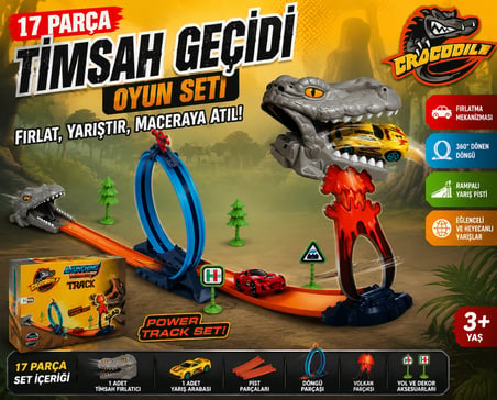 Timsah Geçidi Oyun Seti 17 Parça Rampalı Arabalı Yarış Pisti Fırlatma Mekanizmalı Oyun Seti