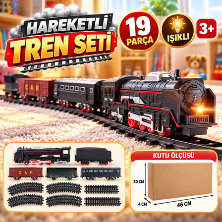 19 PARÇA HAREKETLİ OYUNCAK TREN SETİ IŞIKLI LOKOMOTİF VE RAYLI TREN OYUNU