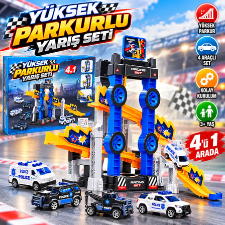 Yüksek Parkurlu 4'ü 1 Arada Yarış Seti – 4 Araçlı, Rampalı ve Engelli Pist, 3+ Yaş