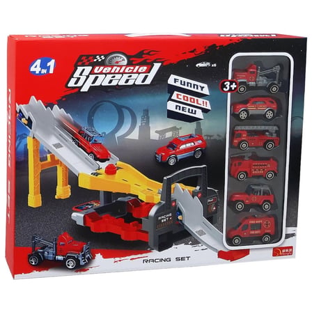 Yüksek Parkurlu 4'ü 1 Arada Yarış Seti – 4 Araçlı, Rampalı ve Engelli Pist, 3+ Yaş