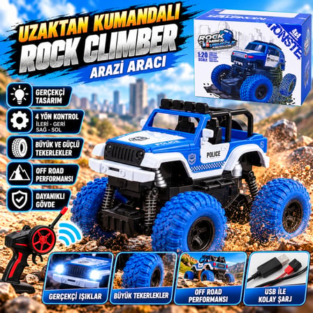 Uzaktan Kumandalı Rock Climber 4x4 Off Road Polis Jeep Büyük Tekerlekli Işıklı Arazi Aracı