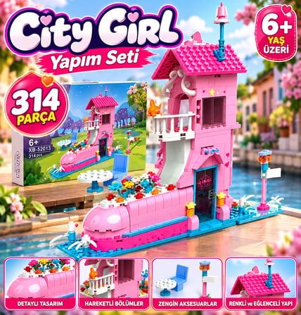 Şehir Ev Yapım Seti 314 Parça Detaylı Pembe Ev Tasarımı Yaratıcı Yapı Oyuncağı