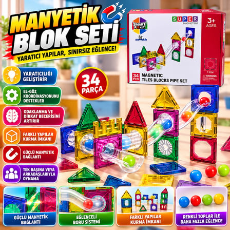 34 Parça Manyetik Blok Seti Borulu Manyetik Yapı Oyuncağı Eğitici ve Yaratıcı Yapım Seti