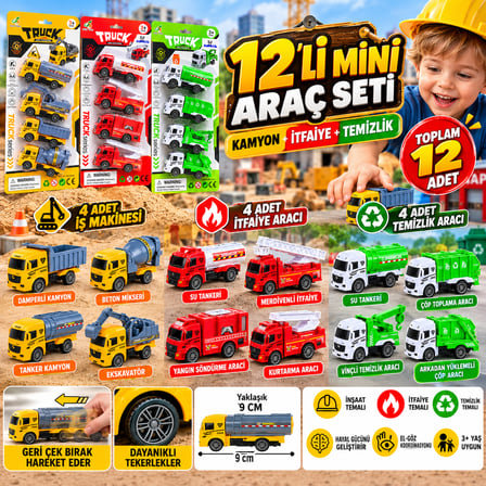 12'li Mini Kamyon, İtfaiye ve Temizlik Araçları Seti – 9 cm Geri Çek Bırak Oyuncak İş Makineleri