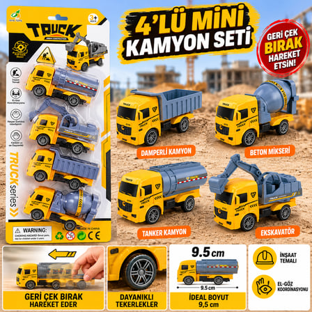 12'li Mini Kamyon, İtfaiye ve Temizlik Araçları Seti – 9 cm Geri Çek Bırak Oyuncak İş Makineleri