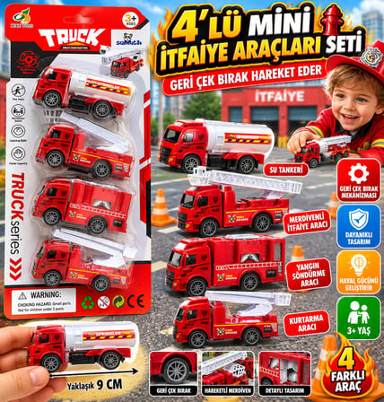 12'li Mini Kamyon, İtfaiye ve Temizlik Araçları Seti – 9 cm Geri Çek Bırak Oyuncak İş Makineleri