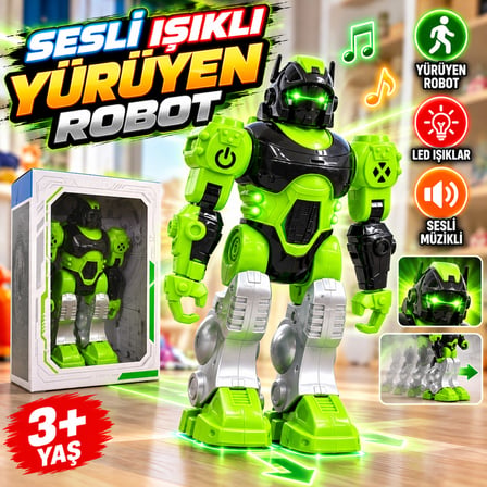 Sesli ve Işıklı Yürüyen Robot Oyuncak – Hareketli, Müzikli, LED Işıklı
