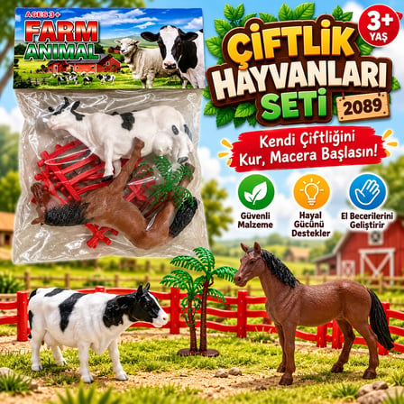Oyuncak Çiftlik Hayvanları Seti İnek At Çit ve Ağaç Figürleri