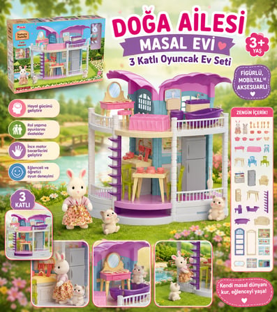 Doğa Ailesi Masal Evi 3 Katlı Oyuncak Ev Seti  Figürlü, Mobilyalı ve Aksesuarlı
