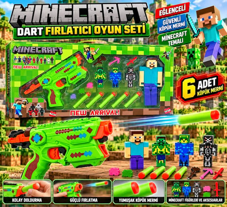 Minecraft Temalı Dart Fırlatıcı Oyuncak Seti Figürlü ve Köpük Dart Mermili Eğlenceli Oyun Seti