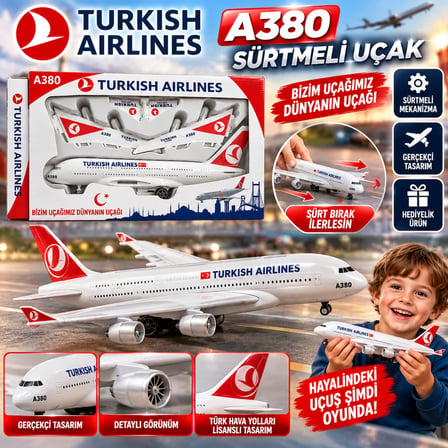 Türk Hava Yolları A380 Sürtme Mekanizmalı Oyuncak Yolcu Uçağı Seti