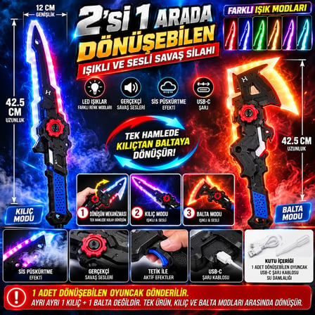2'si 1 Arada Dönüşebilen Işıklı ve Sesli Oyuncak Kılıç Balta – 42,5 CM LED'li Sis Püskürtmeli USB-C Şarjlı