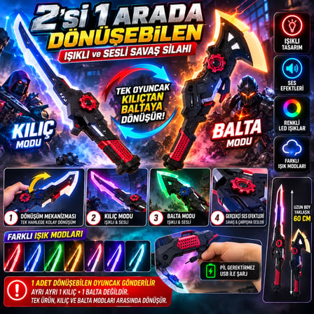 2'si 1 Arada Dönüşebilen Işıklı ve Sesli Oyuncak Kılıç Balta – 42,5 CM LED'li Sis Püskürtmeli USB-C Şarjlı