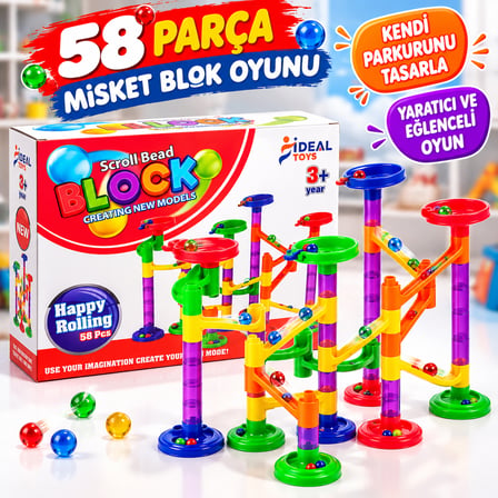 58 Parça Misket Blok Oyunu Bilyeli Yol Yapım Seti Eğitici ve Yaratıcı İnşa Oyuncağı 3+ Yaş