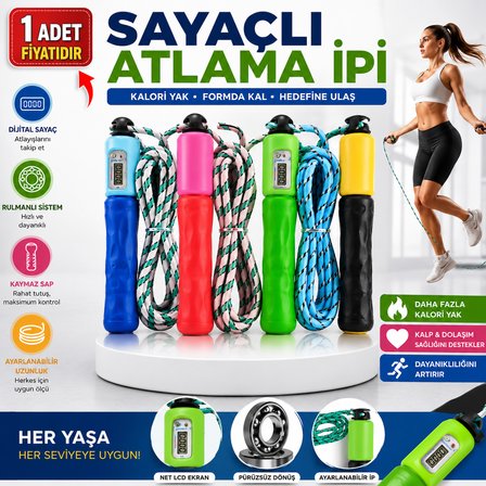 Sayaçlı Atlama İpi  Dijital Sayaçlı Ayarlanabilir Fitness Atlama İpi  Kaymaz Saplı Egzersiz ve Kardiyo İpi
