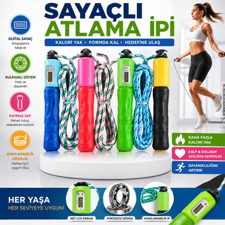Sayaçlı Atlama İpi  Dijital Sayaçlı Ayarlanabilir Fitness Atlama İpi  Kaymaz Saplı Egzersiz ve Kardiyo İpi