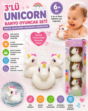 3'lü Unicorn Banyo Oyuncak Seti Yumuşak Suda Yüzen Sevimli Unicorn Oyuncakları Bebek Banyo Oyuncağı
