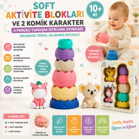 Soft Aktivite Blokları ve 2 Komik Karakter 6 Parçalı Yumuşak İstifleme Oyuncağı Eğitici Aktivite Seti