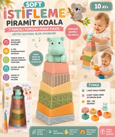 Soft İstifleme Piramit Koala 7 Parçalı Yumuşak Denge Kulesi Eğitici Duyusal Blok Oyuncağı