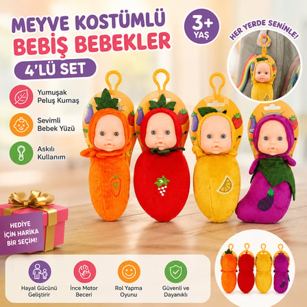 Askılı Meyve Kostümlü Bebiş Bebek 4'lü Set Peluş Meyve Tasarımlı Mini Oyuncak Bebekler