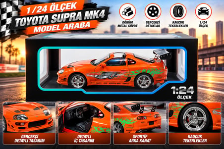 1:24 Toyota Supra MK4 Metal Model Araba Turuncu Detaylı JDM Yarış Aracı
