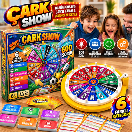 Çark Show Bilgi Yarışması Oyunu 600 Soruluk 6 Kategorili Eğlenceli Aile Oyunu 6+ Yaş