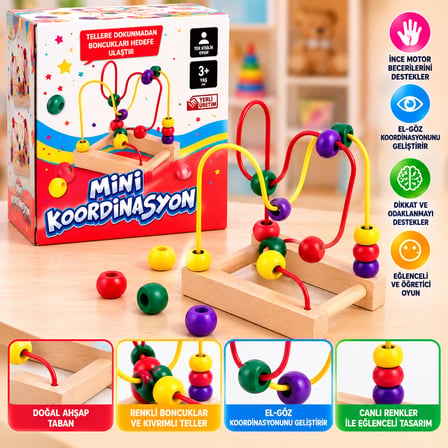 Mini Koordinasyon Oyunu Ahşap Boncuklu Dikkat ve El-Göz Koordinasyon Oyuncağı 3+