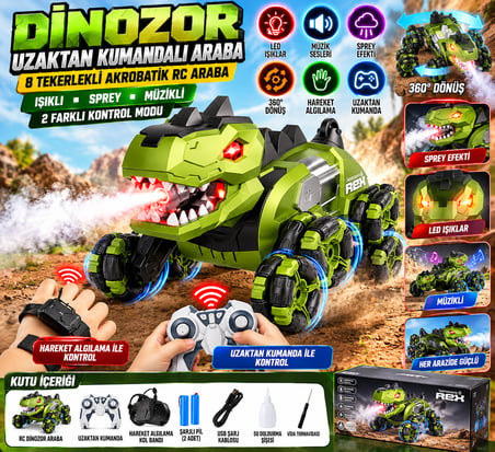 Uzaktan Kumandalı Dinozor T-Rex RC Araba – 8 Tekerlekli Akrobatik, 360° Dönen, LED Işıklı, Sprey ve Müzikli