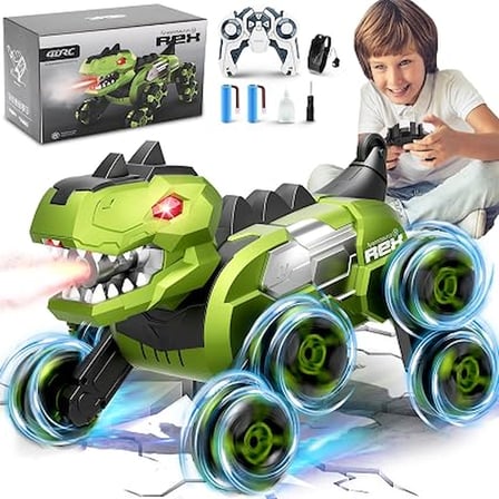 Uzaktan Kumandalı Dinozor T-Rex RC Araba – 8 Tekerlekli Akrobatik, 360° Dönen, LED Işıklı, Sprey ve Müzikli