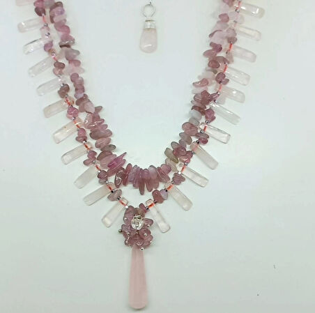 1910 Pembe Kuvars el yapımı iki sıralı kolye