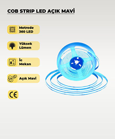 12V COB Şerit Led Açık Mavi Işık  - Metrede 360 Led - 5 Metre