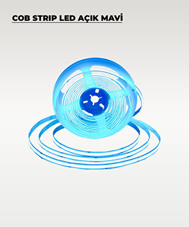 12V COB Şerit Led Açık Mavi Işık  - Metrede 360 Led - 5 Metre