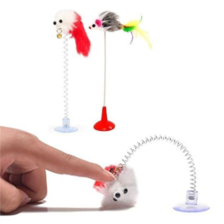 CELİK AVM® 2li Vantuzlu Fareli Tüylü Hareketli Çanlı ve Esneyen Eğlenceli Peluş Kedi Oyuncağı