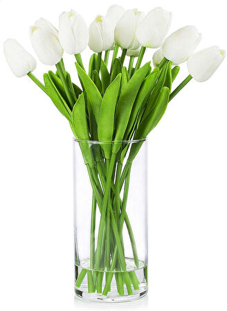 Dekoratif 3’lü Set: 8’li Yapay Lale Demeti + Okaliptus Demeti + 3’lü Pamuk Otu – Salon & Masa Çiçek Aranjmanı