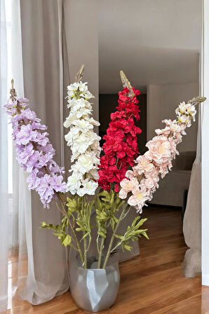 Lüks Yapay Çiçek Aranjman Seti – 1 Adet Okaliptus Dalı + 3 Adet Delphinium Çiçeği + 7 Dallı Kırmızı Bahardalı Demeti