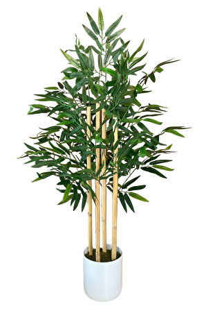 Beyaz Renkli Saksıda 100 cm 4 Gövde Yoğun Yaprak Yapay Bambu Ağacı