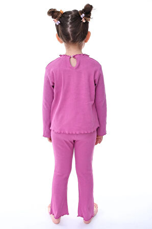 Kaşkorse Fırfırlı Nakış Detaylı Kız Çocuk Takım (Alt-Üst) Pembe 3-8 Yaş