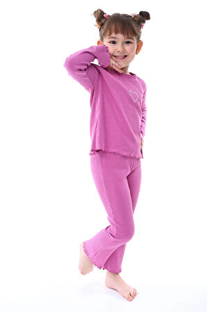 Kaşkorse Fırfırlı Nakış Detaylı Kız Çocuk Takım (Alt-Üst) Pembe 3-8 Yaş