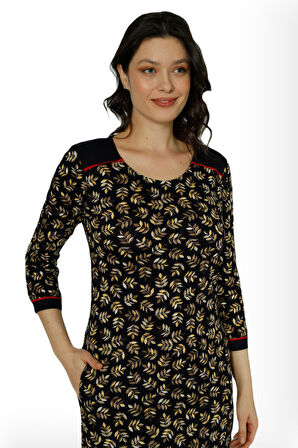 Kadın Siyah Desenli Truvakar Kollu Pamuklu Cepli Elbise