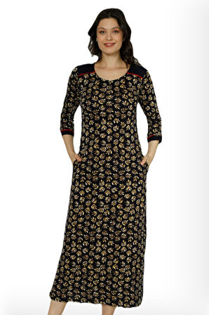 Kadın Siyah Desenli Truvakar Kollu Pamuklu Cepli Elbise